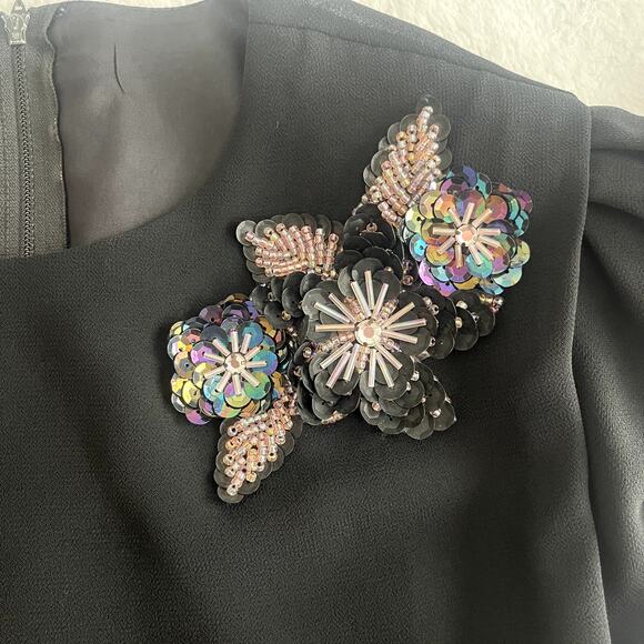 Ursula of Switzerland Black Shift Dress Sz 12 Sequin Flower Sheer Sleeve Formal - Picture 12 of 13